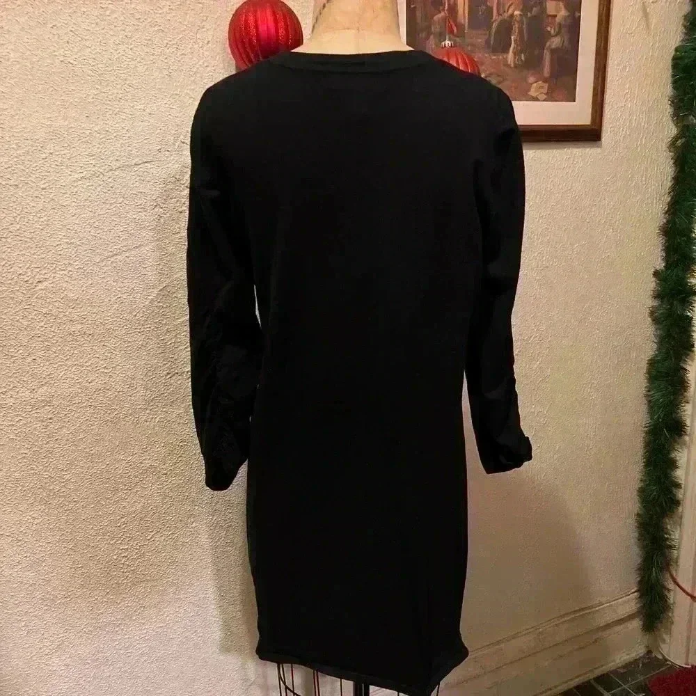 Cable & Gauge Black Knit Round Neck Ruched 3/4 Sleeves Mini Dress Size L - Picture 6 of 11